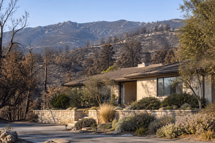 Exterior of a house beside recovering landscape